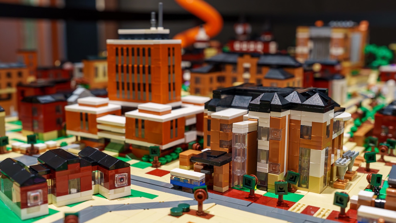 close shot of the haley center and Melton student center as part of the lego model of the Auburn campus
