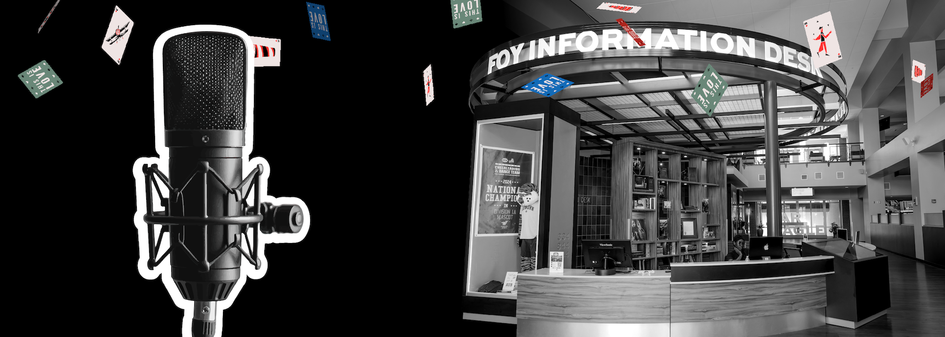 black and white image with microphone on the left and foy desk on the right
