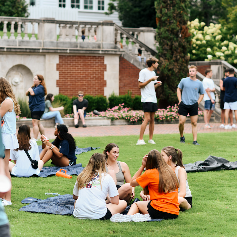 students sitting on blankets on Cater lawn at an outdoor event