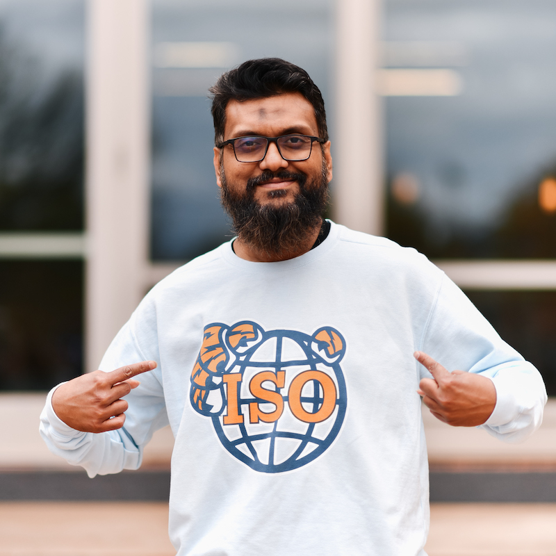 Student wearing an ISO sweatshirt